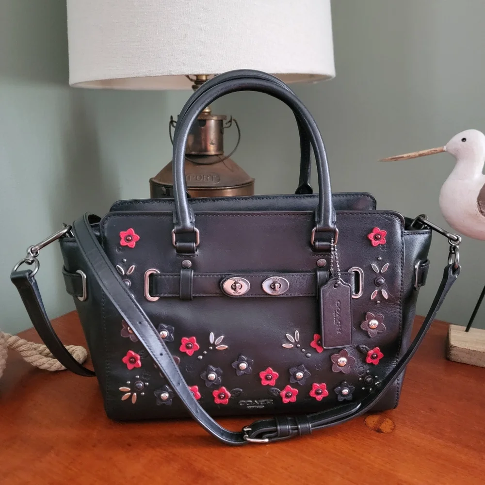 Coach F59450 Blake Carryall 25 Floral Applique Black Leather Satchel Bag